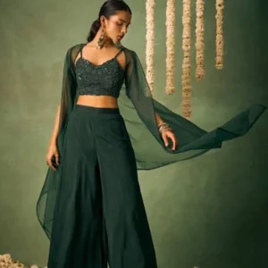 Green Silk Indo Western Palazzo Crop Top Cape Dress